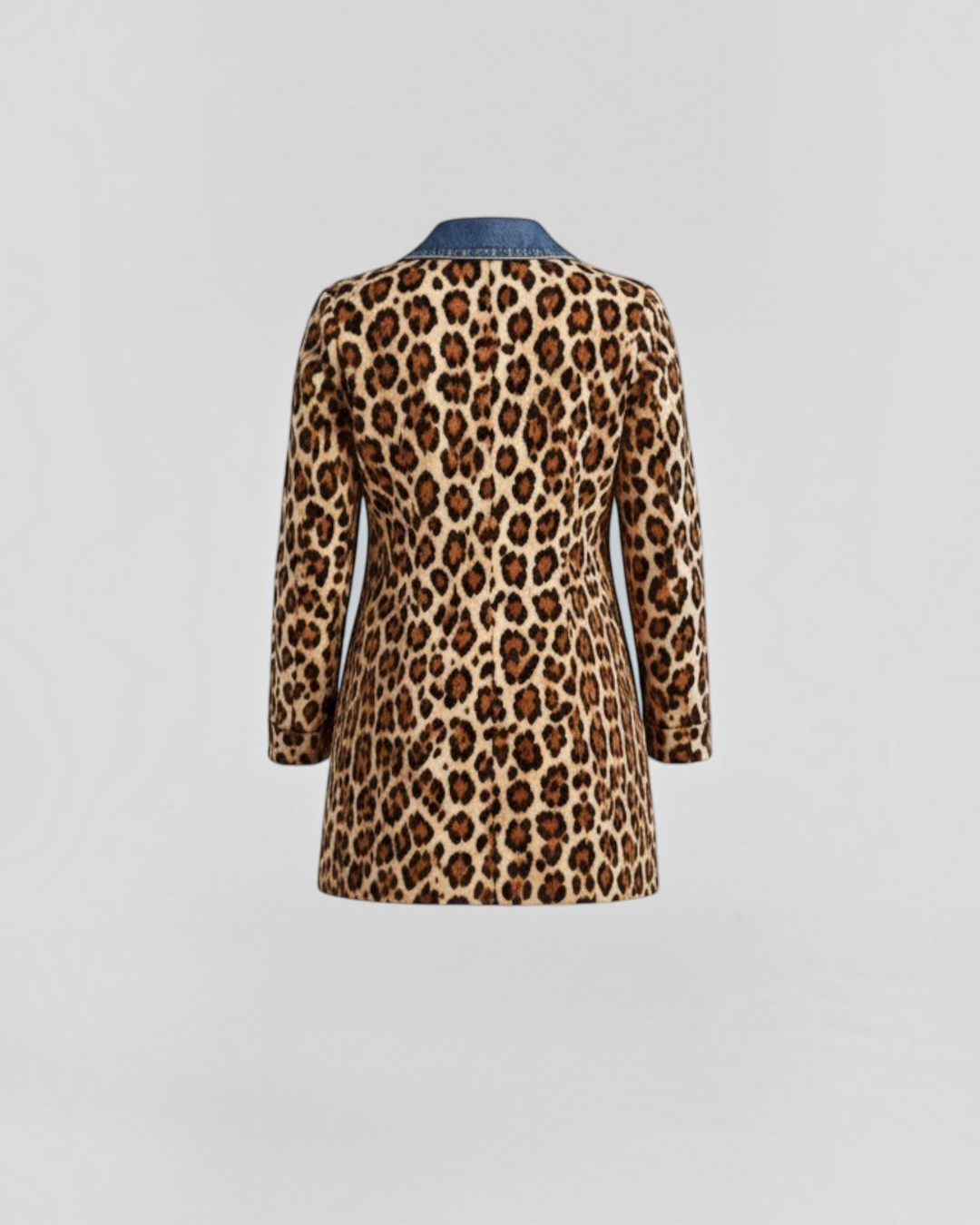 Luna Moda Nora long jacket featuring a leopard print body and a blue denim collar, back view.