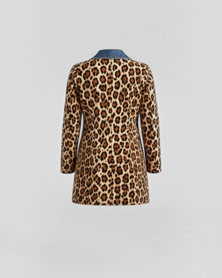 Luna Moda Nora long jacket featuring a leopard print body and a blue denim collar, back view.