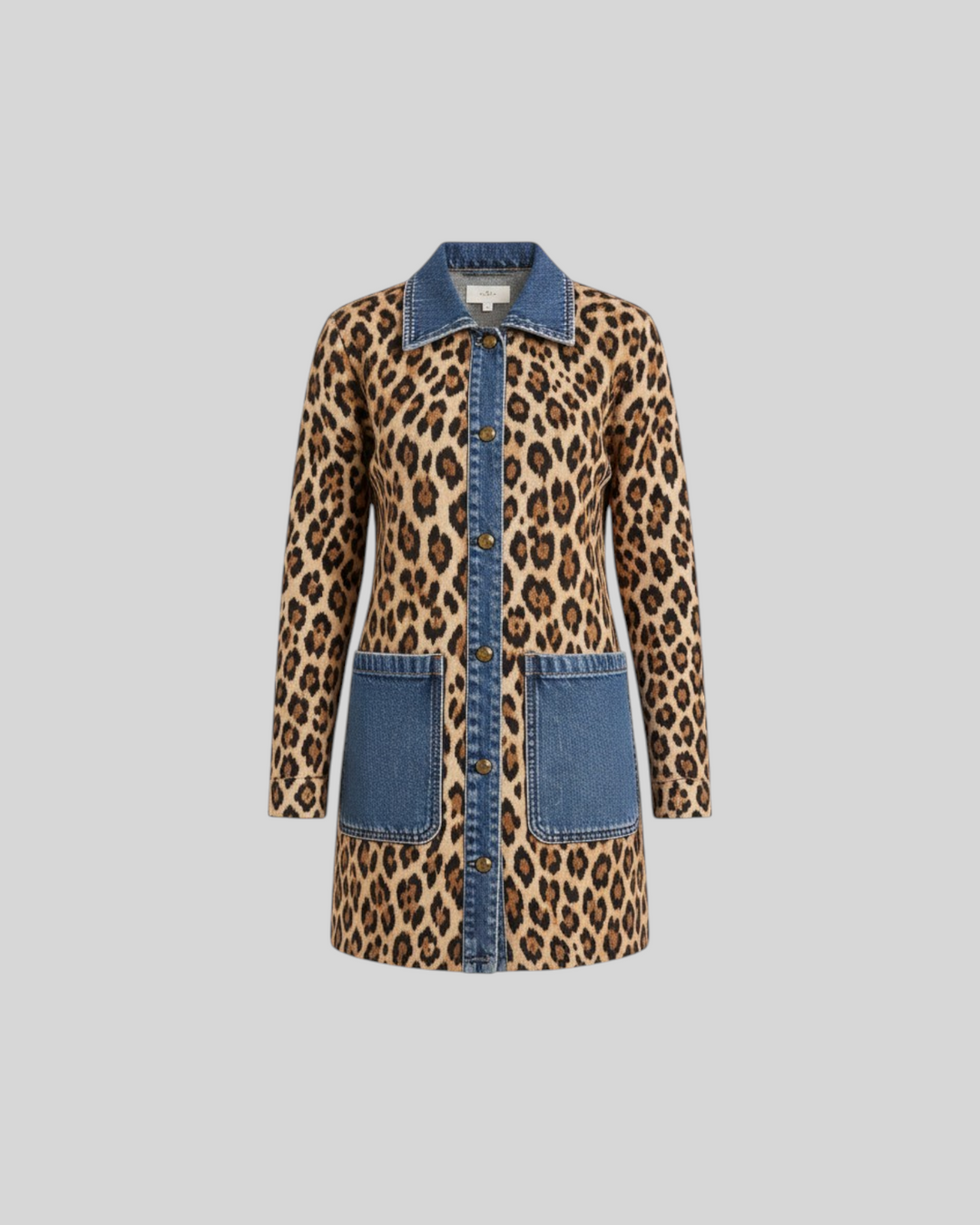 Luna Moda Nora long jacket featuring a leopard print body with contrasting blue denim collar, placket, and pockets.