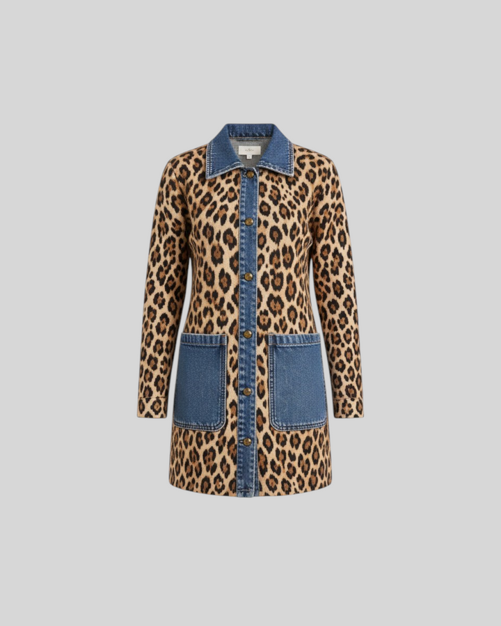 Luna Moda Nora long jacket featuring a leopard print body with contrasting blue denim collar, placket, and pockets.