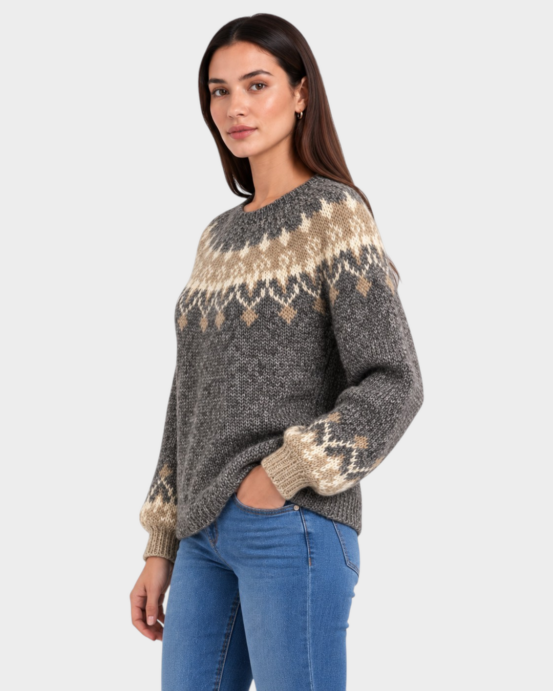 Luna Moda handmade grey and beige Nordic pattern sweater worn by a woman with jeans