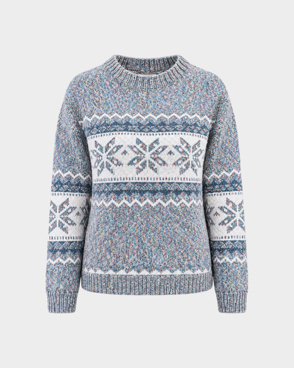 Luna Moda Enrica handmade sweater in blue and white with a traditional Nordic snowflake pattern and ribbed crew neck.