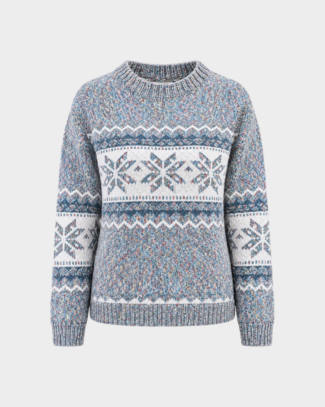 Luna Moda Enrica handmade sweater in blue and white with a traditional Nordic snowflake pattern and ribbed crew neck.