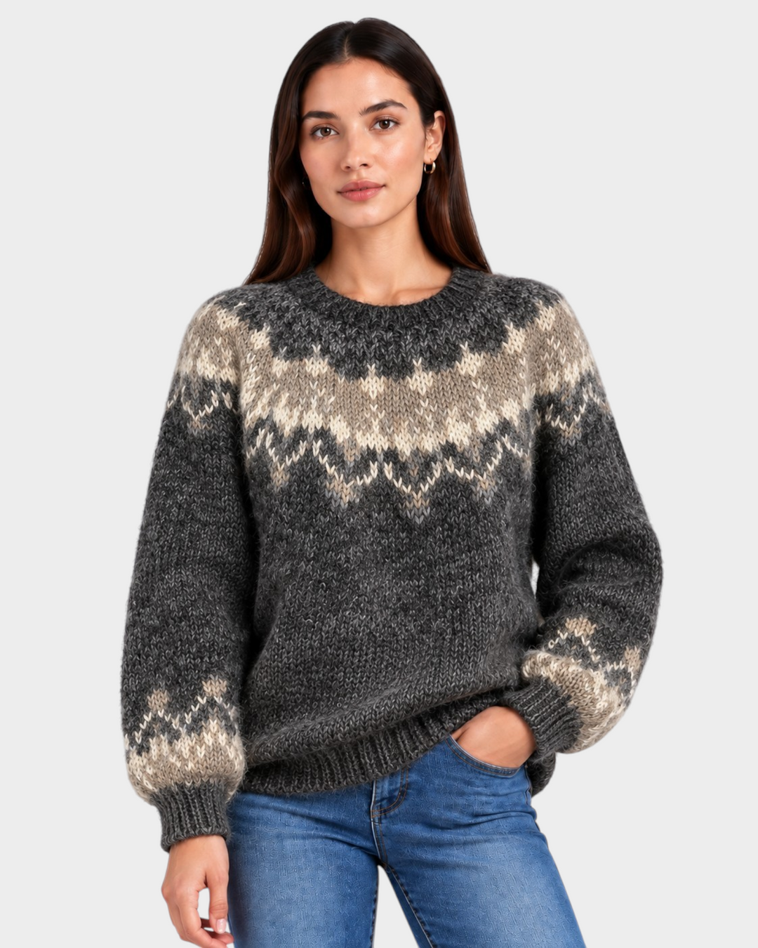 Luna Moda Amelia handmade grey and beige Nordic pattern wool sweater worn by a woman with blue jeans