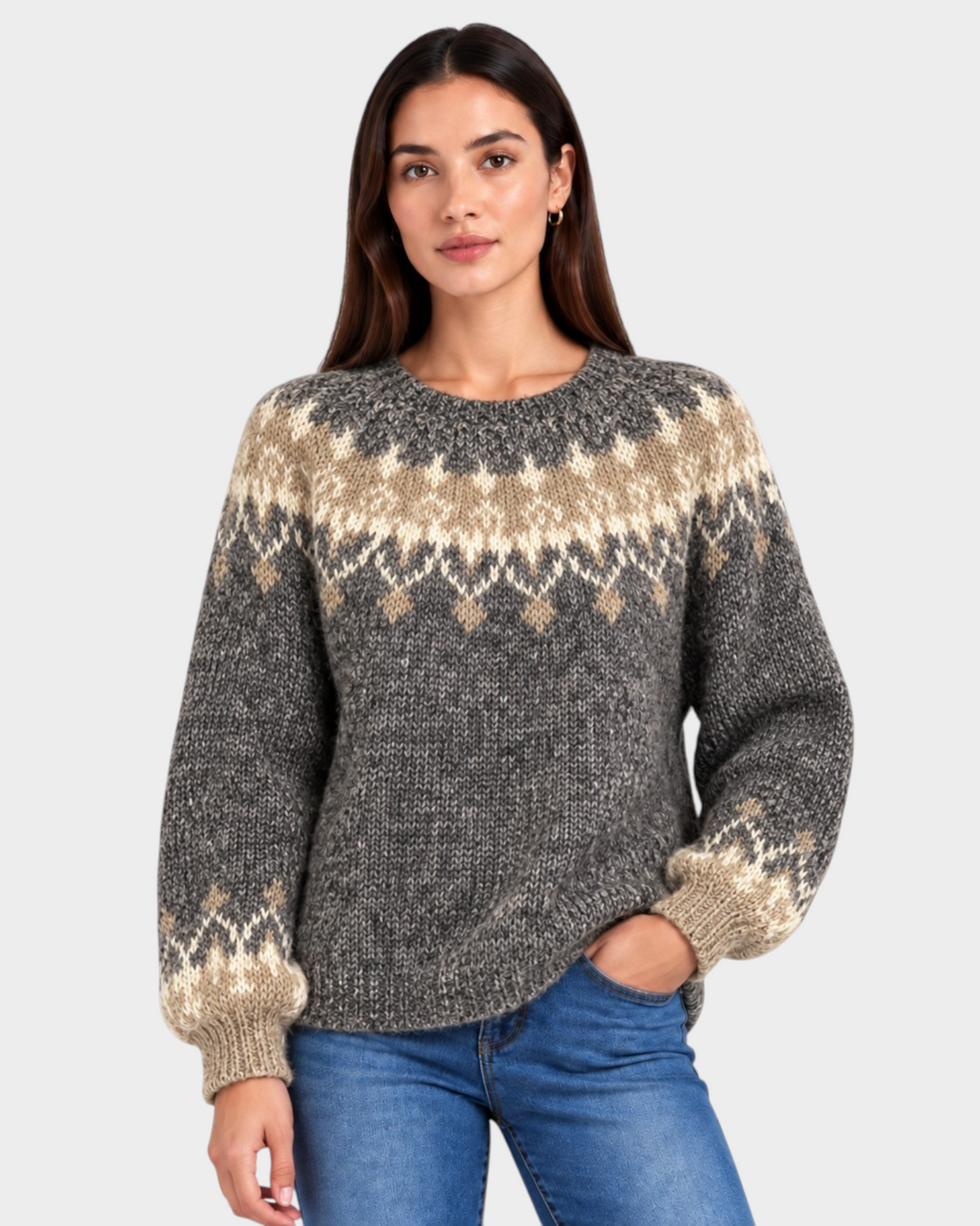 Luna Moda handmade grey and beige Nordic pattern wool sweater worn by a woman with long dark hair