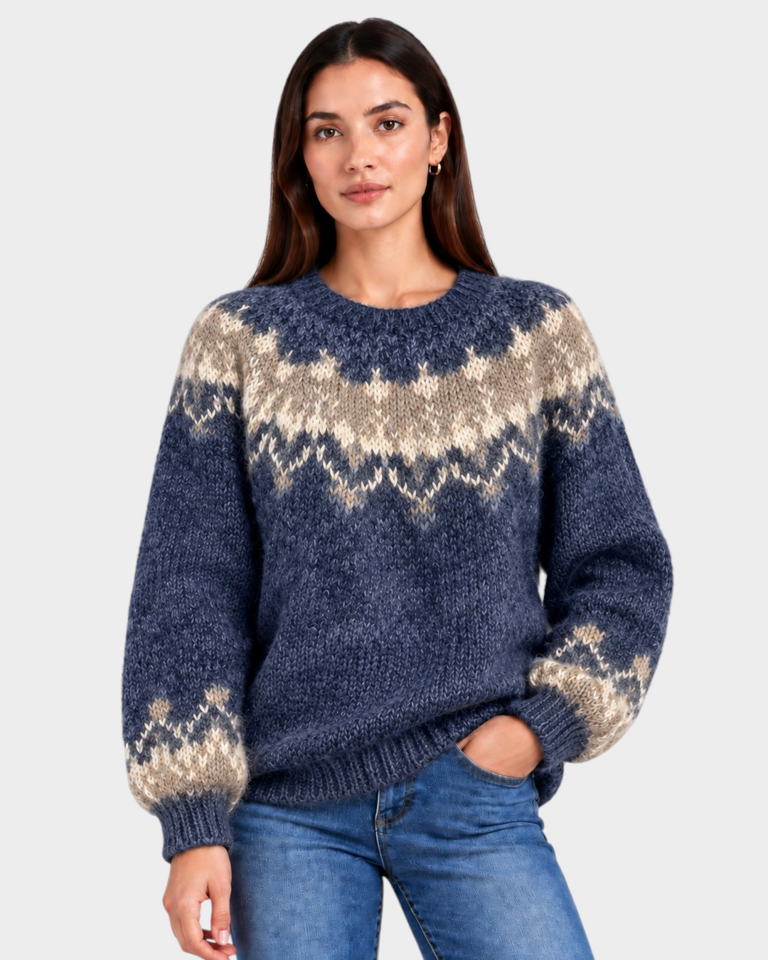Luna Moda handmade blue and beige Nordic pattern wool sweater worn by a woman with long dark hair