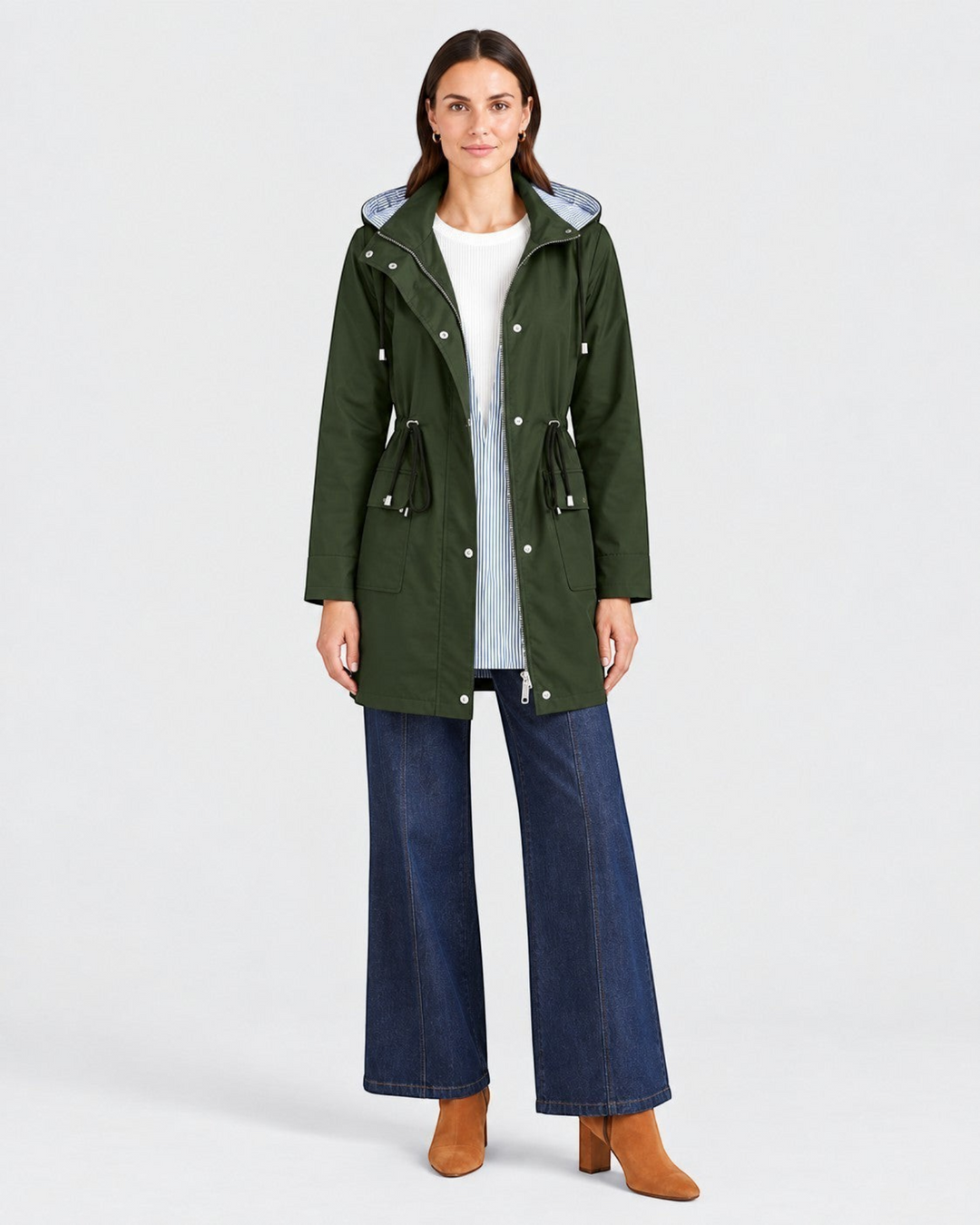 Luna Moda Olimpia olive green lightweight hooded jacket with adjustable waist and striped lining worn by a model