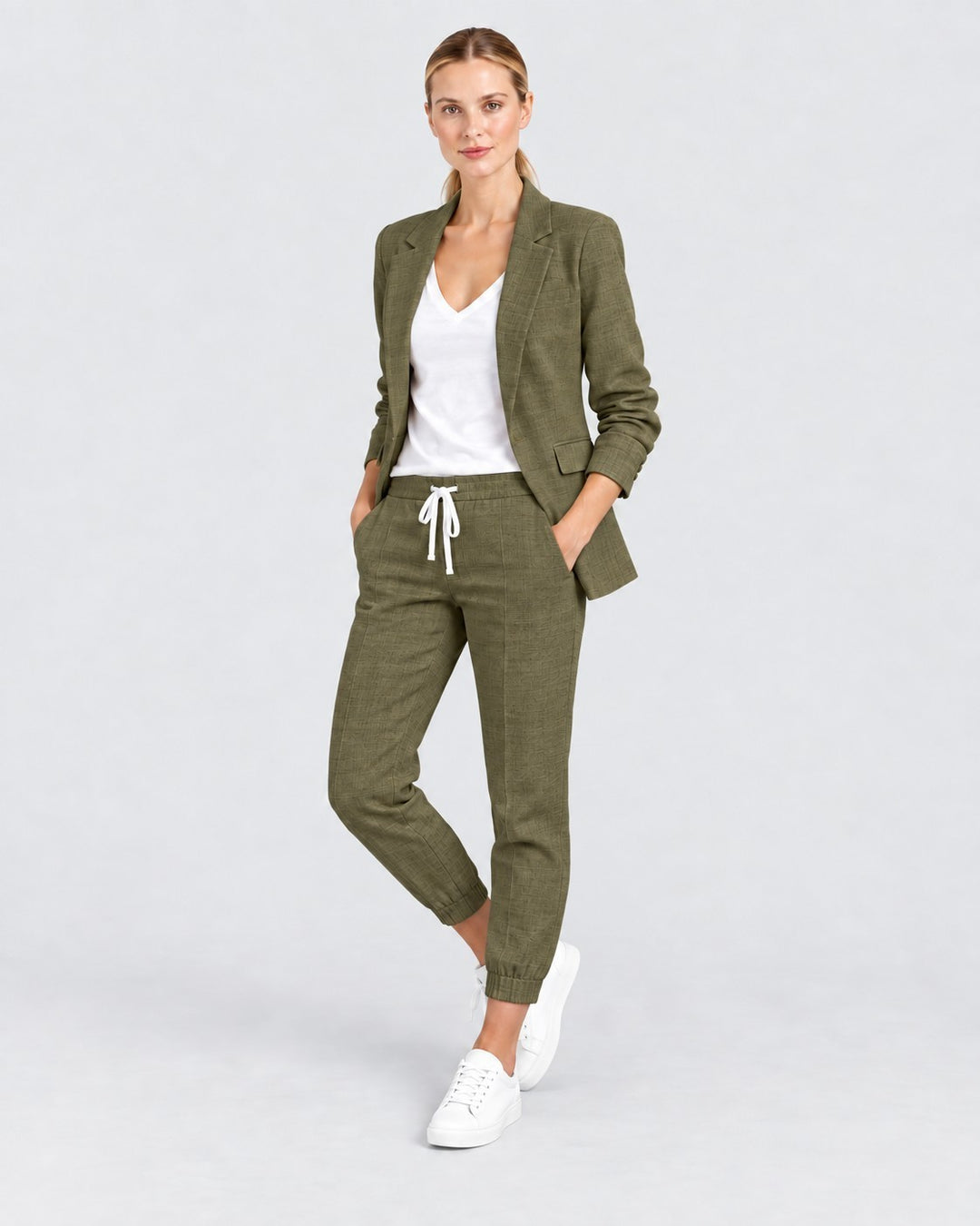 Luna Moda olive green blazer and jogger pant set worn by a model with a white t-shirt and sneakers