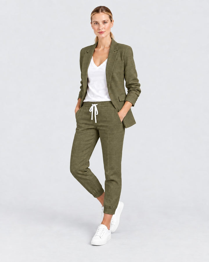Luna Moda olive green blazer and jogger pant set worn by a model with a white t-shirt and sneakers