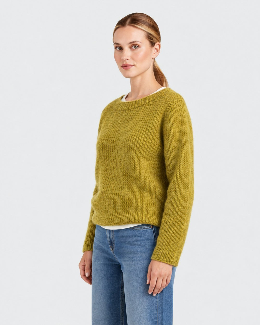 Luna Moda Elda crew neck sweater in olive green, featuring a soft, chunky knit texture worn by a female model.