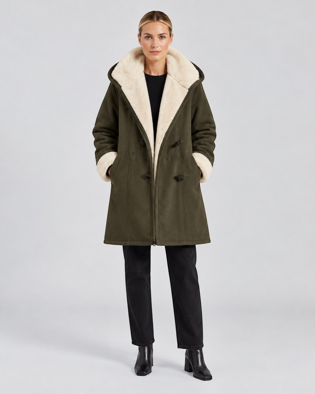 Luna Moda Antonia olive green hooded winter coat with cream faux shearling lining and toggle button closures
