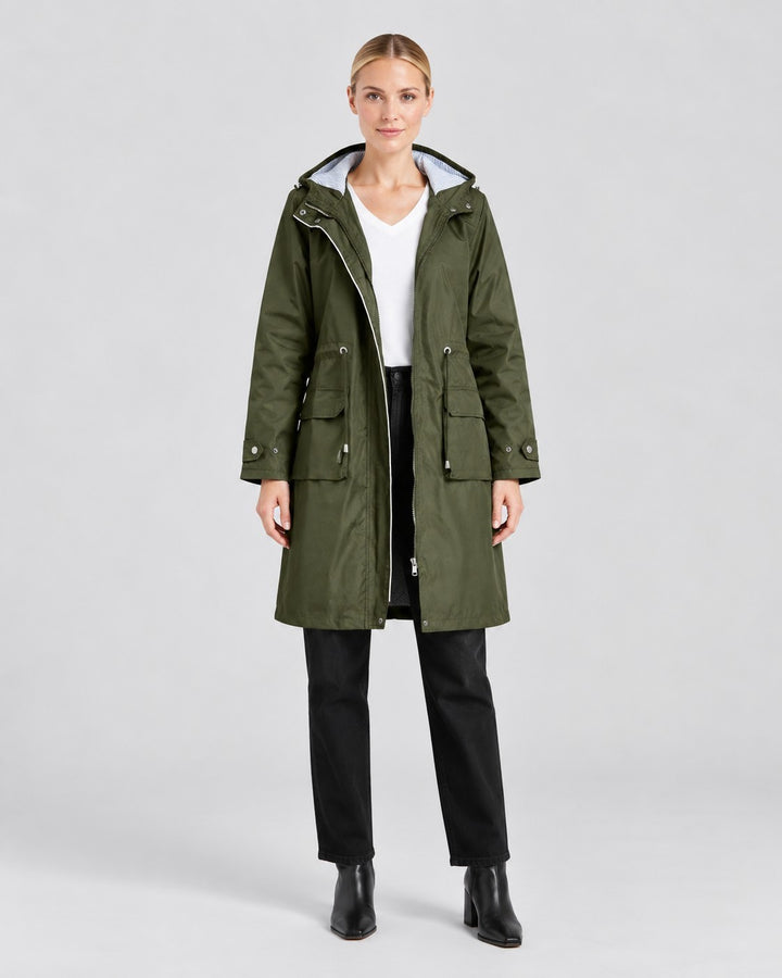 Luna Moda olive green lightweight hooded trench coat with front pockets and adjustable waist on a female model