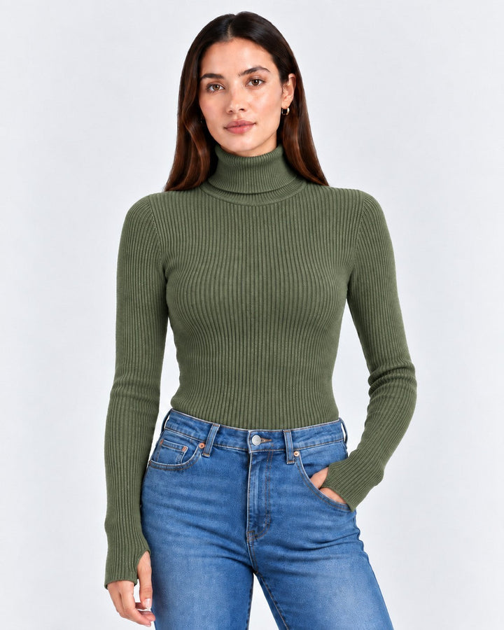 Luna Moda Stefania olive green ribbed turtleneck sweater worn by a model with blue jeans