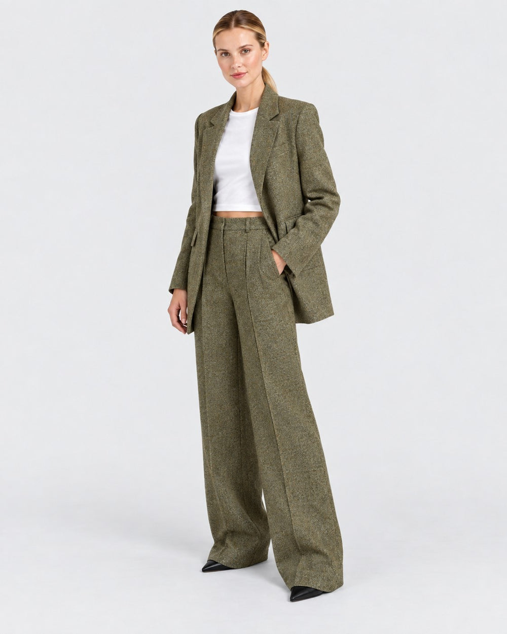 Luna Moda Annalisa modern olive green tailored suit with wide-leg trousers and blazer worn by a model