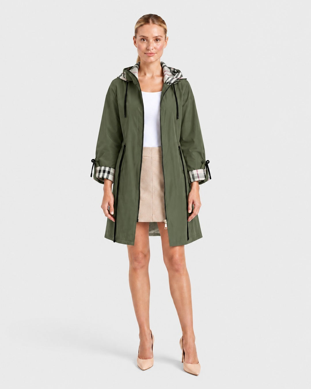 Luna Moda olive green lightweight windbreaker jacket with a hooded plaid lining worn by a model