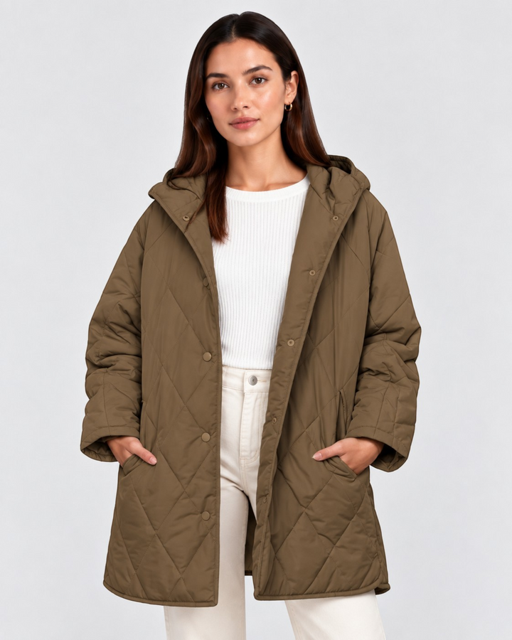 CRISTIANA, cappotto trapuntato con cappuccio, indossato – Luna Moda