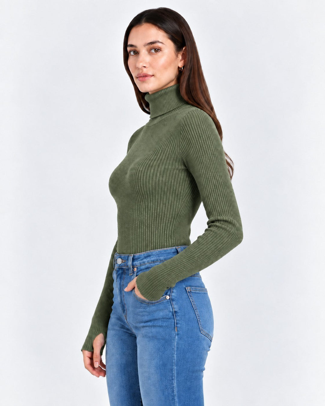 Luna Moda olive green ribbed turtleneck sweater worn by a woman with blue jeans, featuring a slim fit design.
