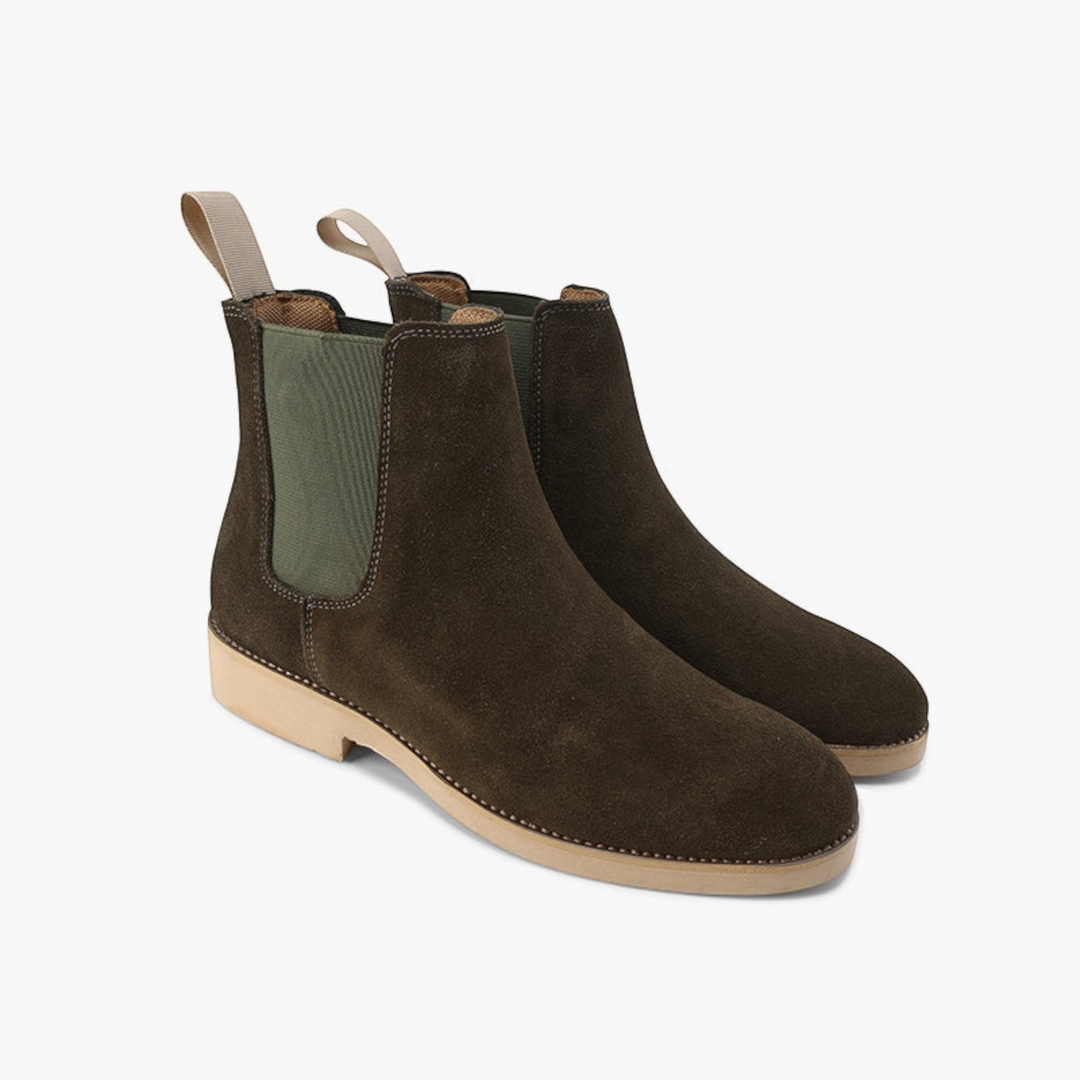 Luna Moda olive green suede Chelsea boots with elastic side panels and a light-coloured leather sole.