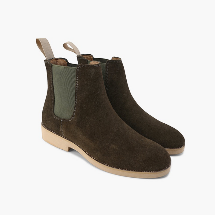 Luna Moda olive green suede Chelsea boots with elastic side panels and a light-coloured leather sole.