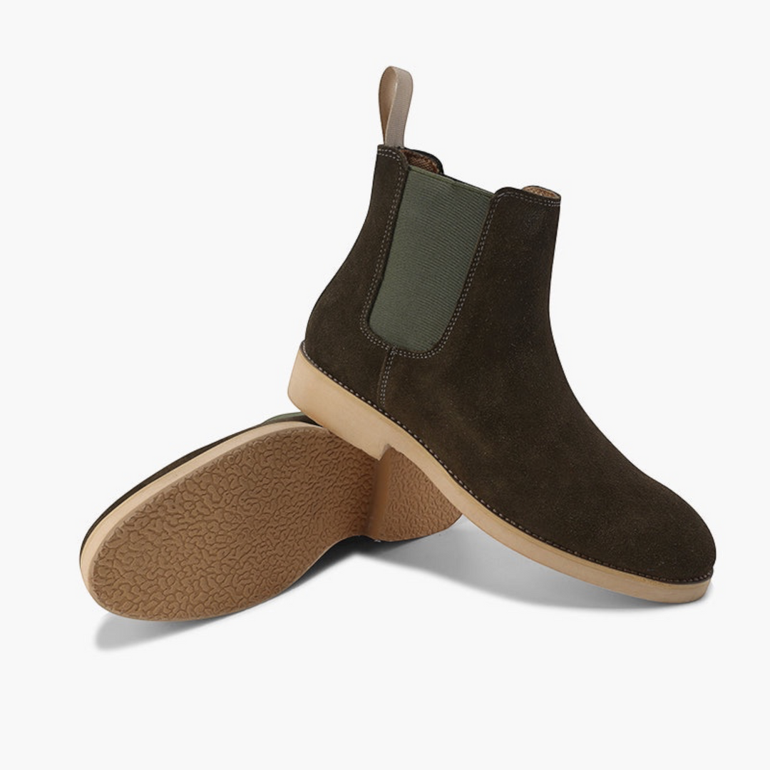 Luna Moda olive green suede Chelsea boots with elastic side panels and a textured light tan rubber sole