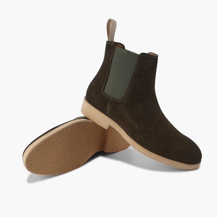 Luna Moda olive green suede Chelsea boots with elastic side panels and a textured light tan rubber sole