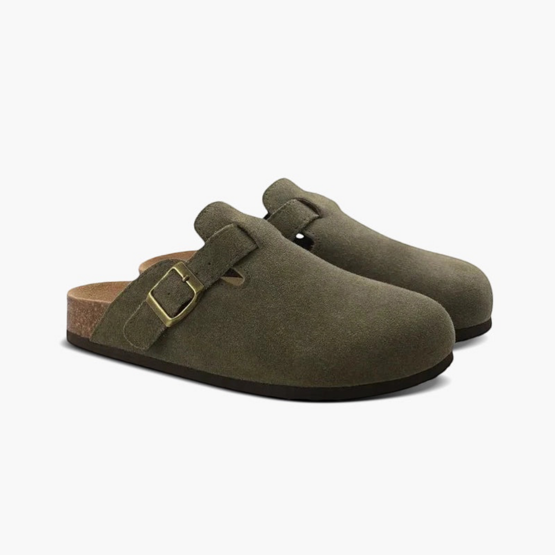 Luna Moda SEBASTIAN olive green suede calfskin clogs with a leather insole and adjustable brass buckle strap