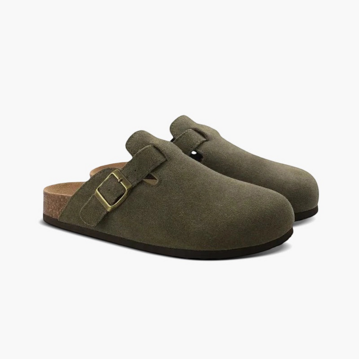 Luna Moda SEBASTIAN olive green suede calfskin clogs with a leather insole and adjustable brass buckle strap