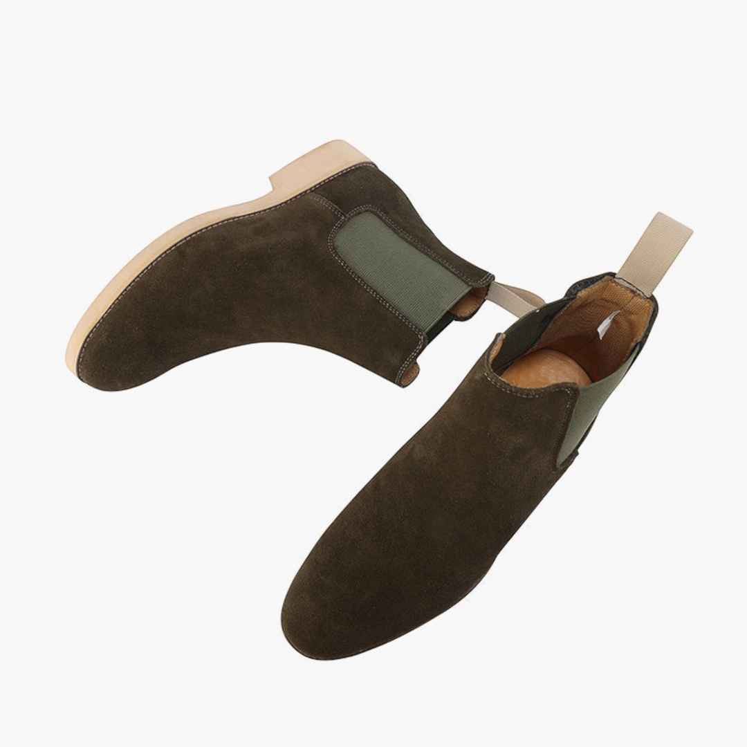 Luna Moda olive green suede slip-on boots with elastic side panels and a leather sole.