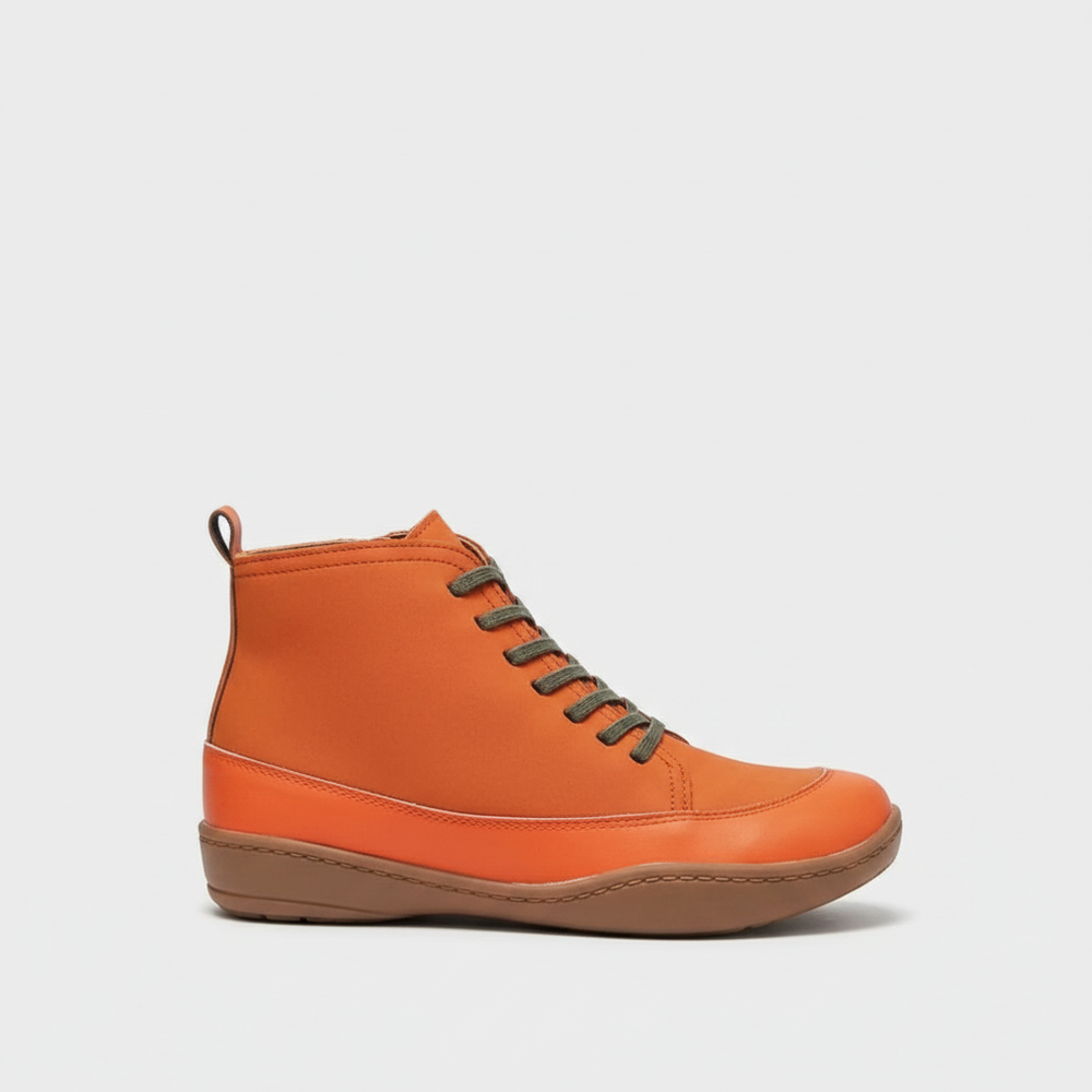 Luna Moda Kitty orange leather ankle boots with dark green laces and a flat brown rubber sole