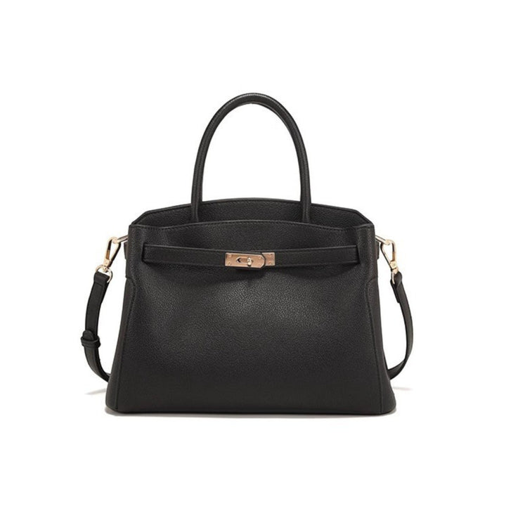 Luna Moda Orietta structured black handbag with gold-tone turn-lock closure and rolled top handles.