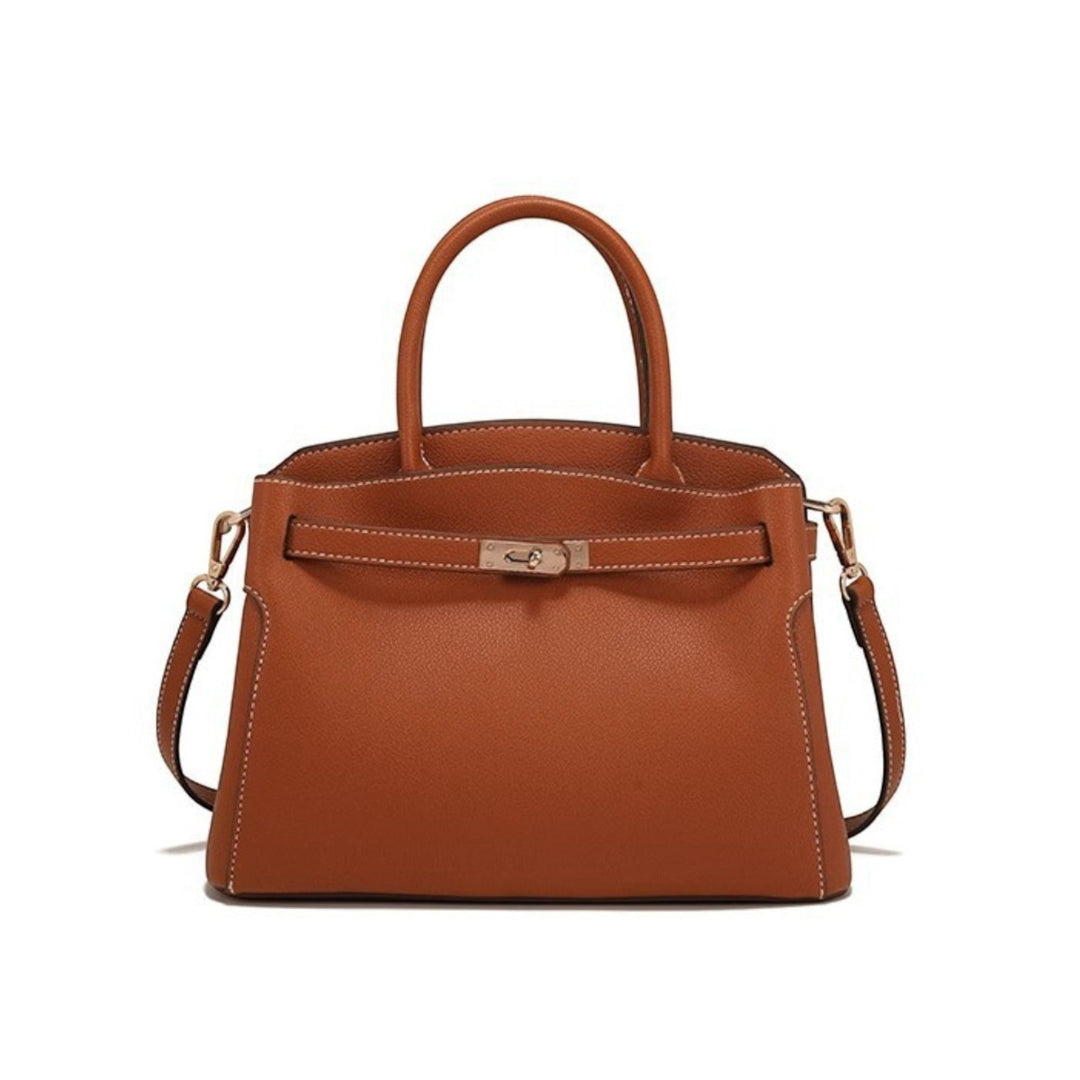 Luna Moda Orietta structured brown handbag with gold-tone turn-lock closure, rolled handles, and pebbled texture.