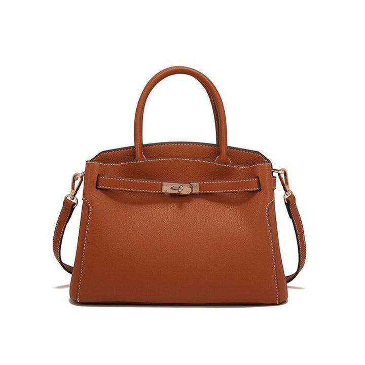 Luna Moda Orietta structured brown handbag with gold-tone turn-lock closure, rolled handles, and pebbled texture.