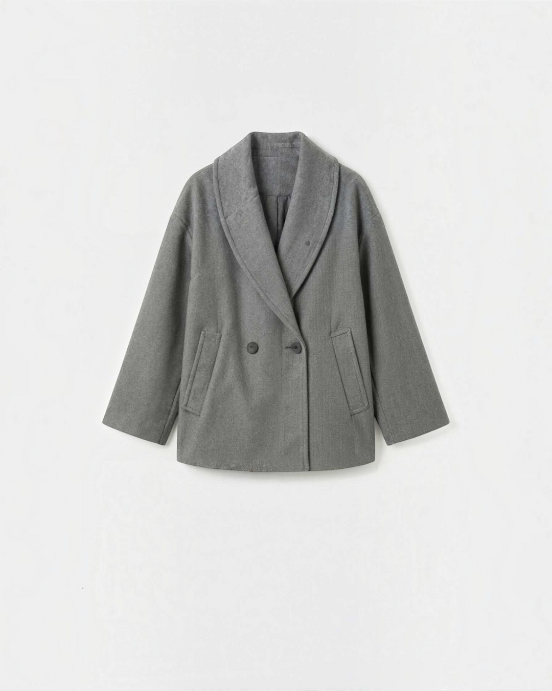 Luna Moda Corinna grey oversized wool coat with a wide shawl collar and double-breasted button closure