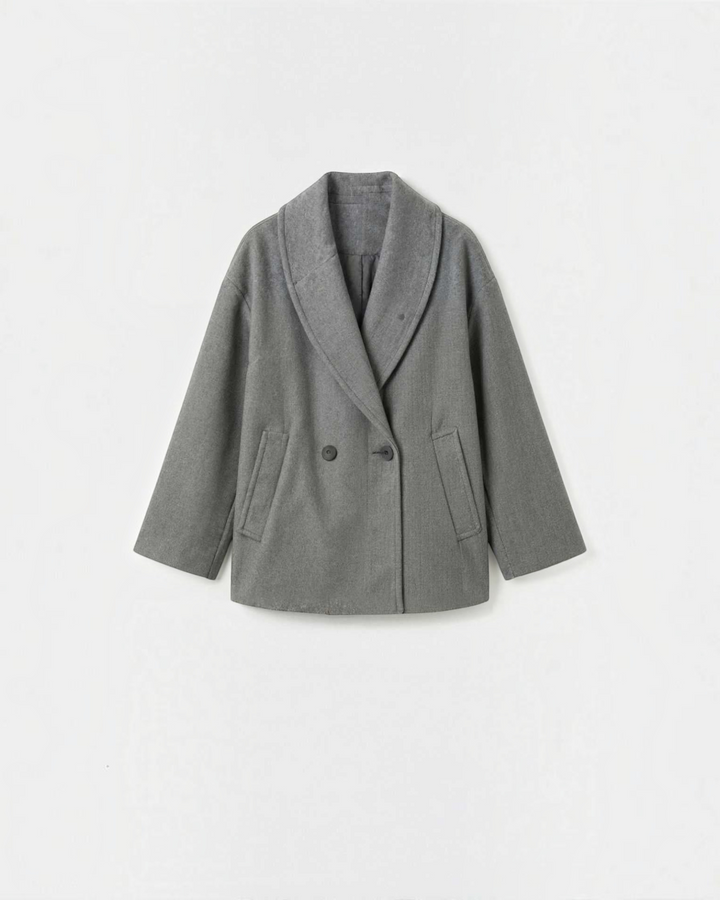 Luna Moda Corinna grey oversized wool coat with a wide shawl collar and double-breasted button closure