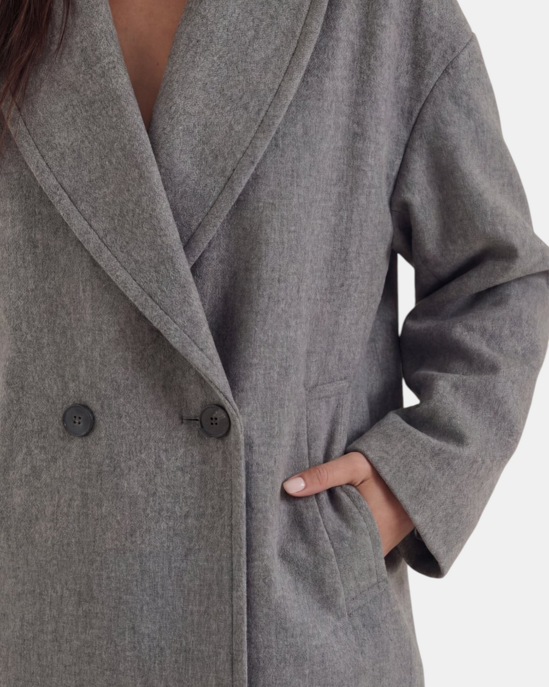 Luna Moda Corinna grey oversized wool-blend coat with a relaxed fit, wide lapels, and double-breasted button closure.
