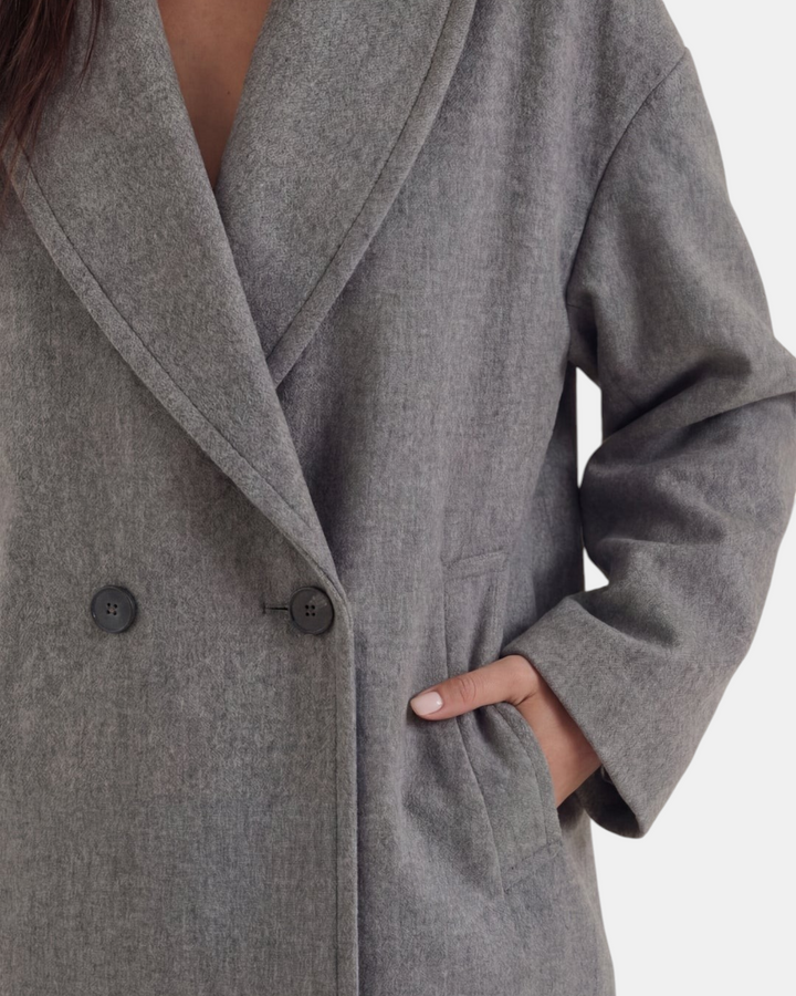 Luna Moda Corinna grey oversized wool-blend coat with a relaxed fit, wide lapels, and double-breasted button closure.