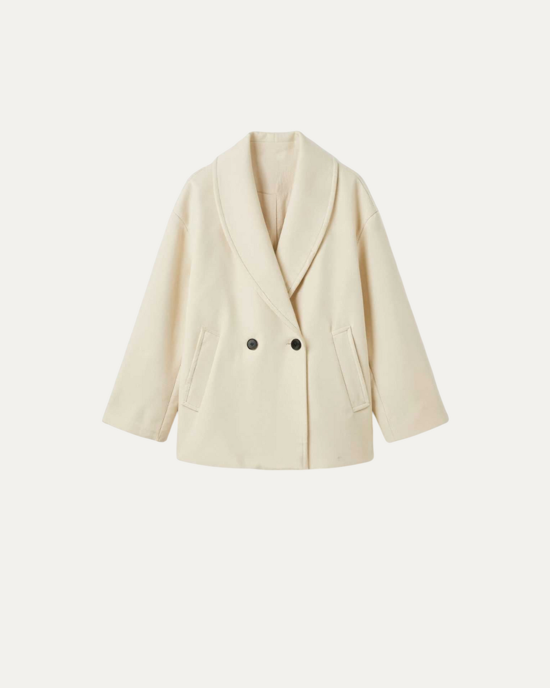 Luna Moda Corinna cream oversized coat with a wide shawl collar and double-breasted button closure.
