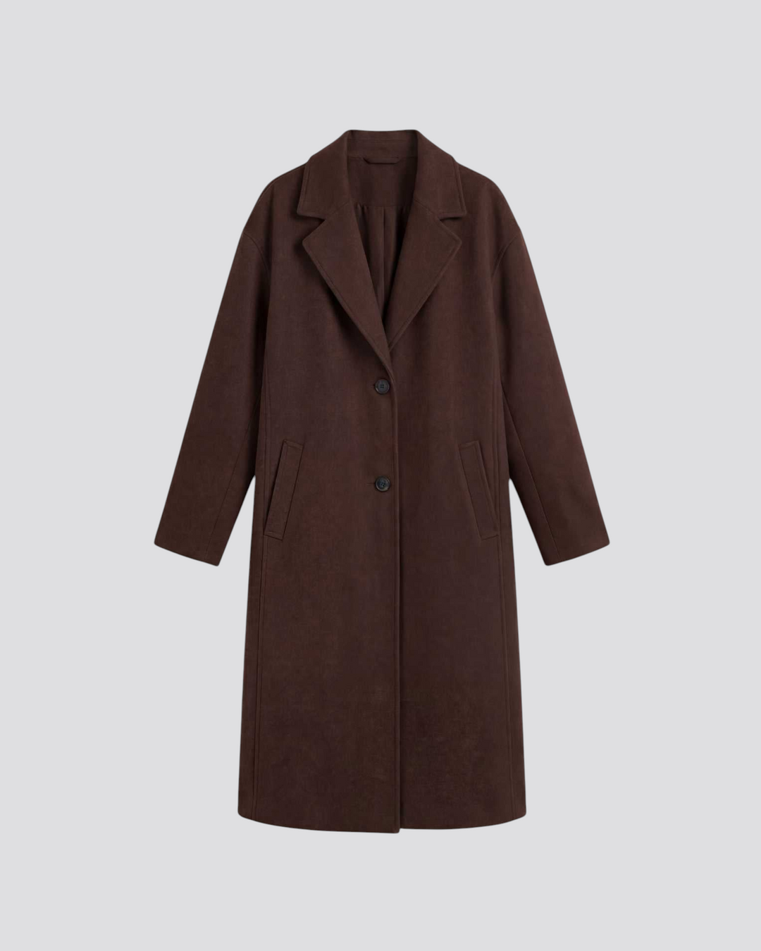 Luna Moda Diana long brown wool-blend coat with a straight cut, notched lapels, and a relaxed oversize fit.