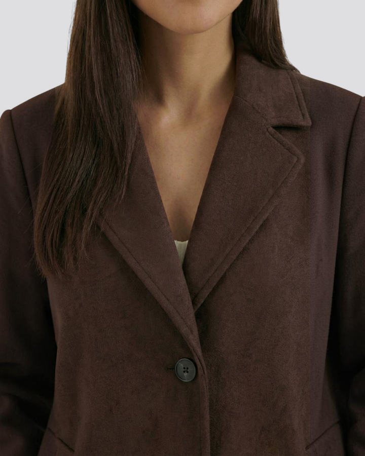 Luna Moda Diana long brown wool-blend coat with a classic lapel collar and single-button closure