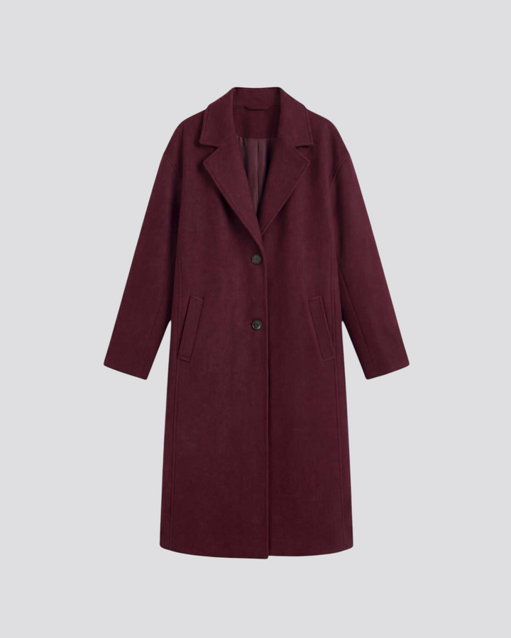 Luna Moda Diana long wool-blend coat in deep burgundy with a relaxed oversize fit and classic button-front closure.