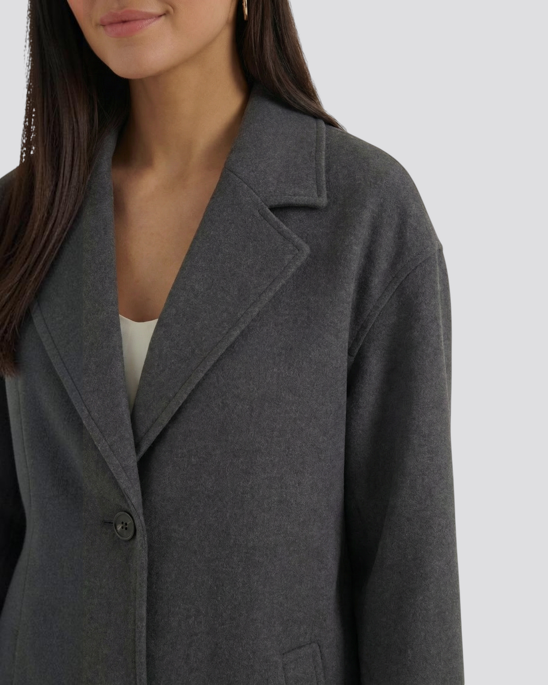 Luna Moda Diana long charcoal grey wool-blend coat with a relaxed oversize fit and classic notched lapel collar.