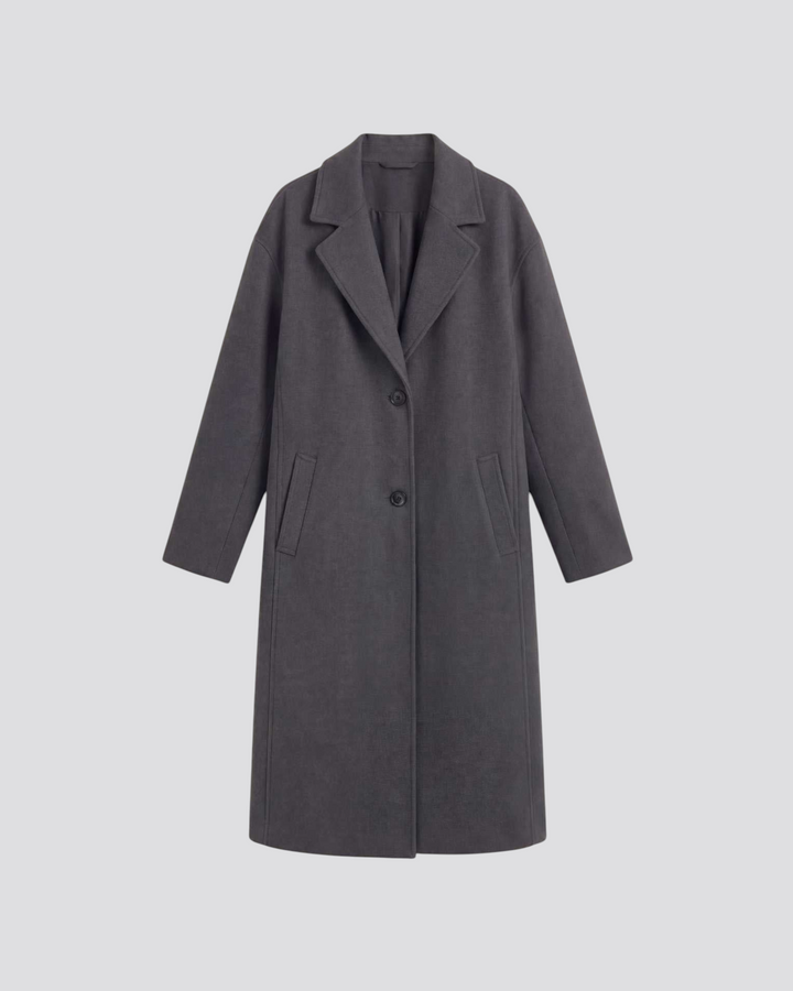 Luna Moda Diana long charcoal grey wool-blend coat with a relaxed oversize fit and classic notched lapels.