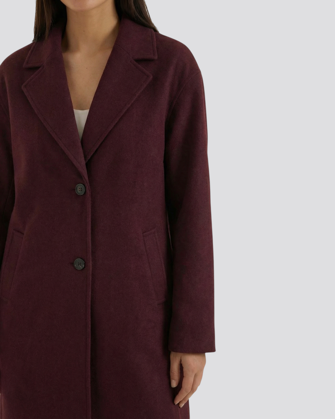 Luna Moda Diana long burgundy wool-blend coat with a relaxed oversize fit, notched lapels, and two-button closure.