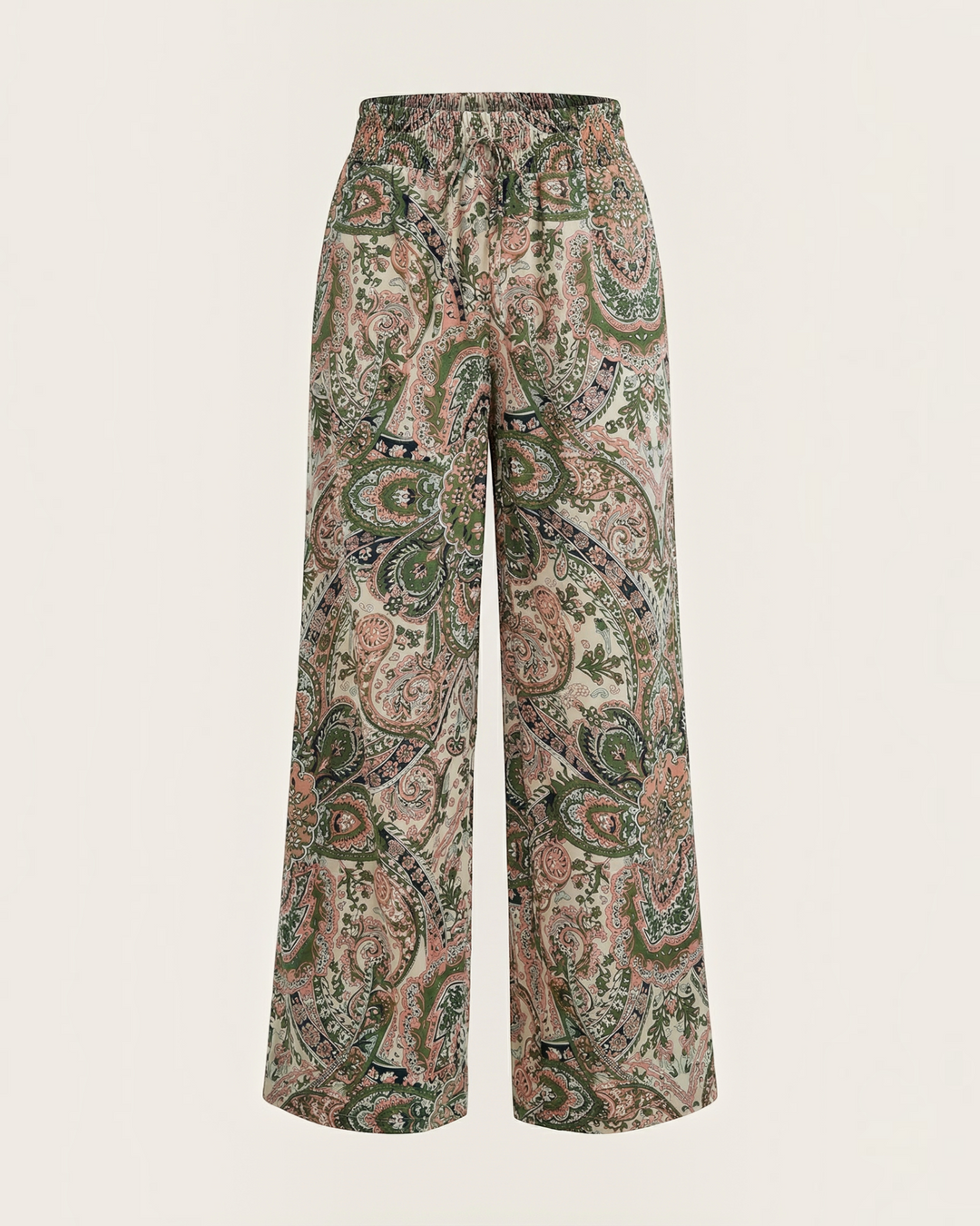 Luna Moda Melania wide-leg trousers featuring a vibrant bohemian paisley print in soft green and pink tones.
