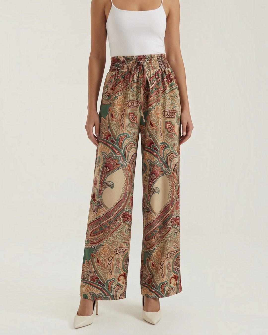 Luna Moda Melania wide-leg trousers featuring a vibrant multicolor paisley print in a soft, flowing fabric.