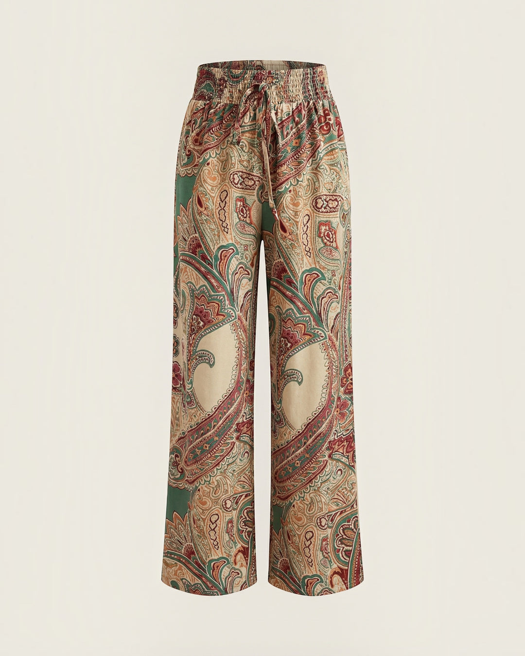 Luna Moda Melania wide-leg trousers in lightweight fabric with a vibrant multicolored paisley print and drawstring.