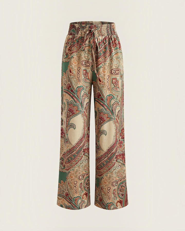 Luna Moda Melania wide-leg trousers in lightweight fabric with a vibrant multicolored paisley print and drawstring.