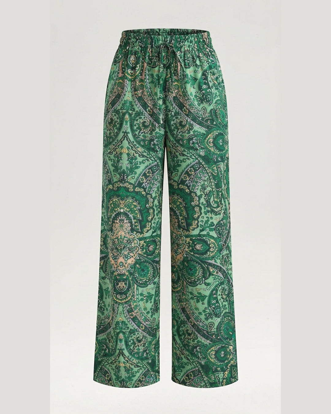Luna Moda Melania wide-leg trousers in green with a vibrant bohemian paisley print and a comfortable elastic waist.