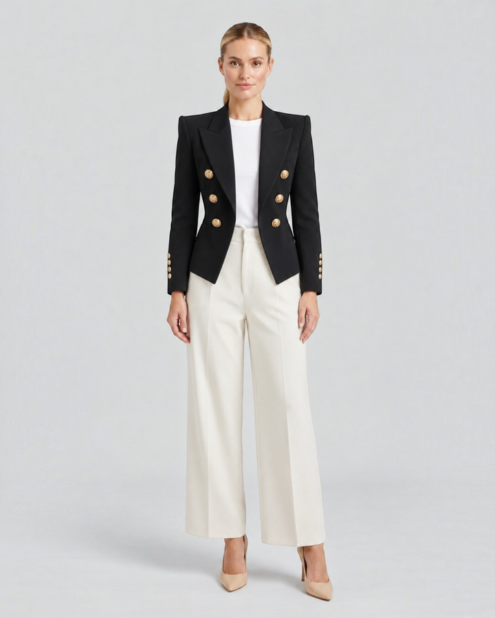 Luna Moda Paolina black structured blazer with gold decorative buttons worn by a model with white wide-leg trousers