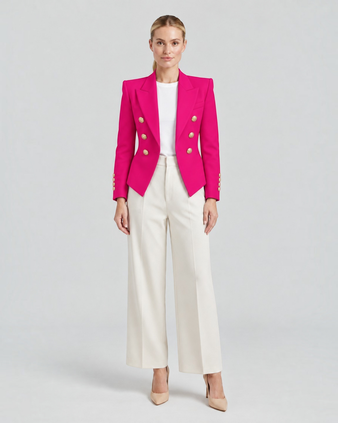 Luna Moda Paolina structured fuchsia blazer with gold decorative buttons worn with white wide-leg trousers